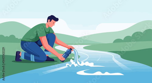 Boy Collects Natural Spring Water Outdoor With Green Mountain Landscape