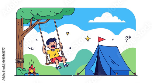 Boy Enjoying Swinging Fun At The Campground Adventure Cartoon Illustration