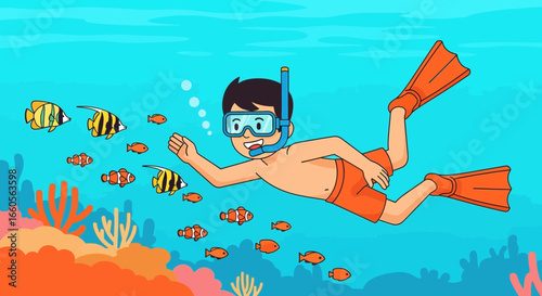 Boy exploring underwater world with colorful fishes, snorkeling adventure with sea life in clear blue ocean, vector illustration