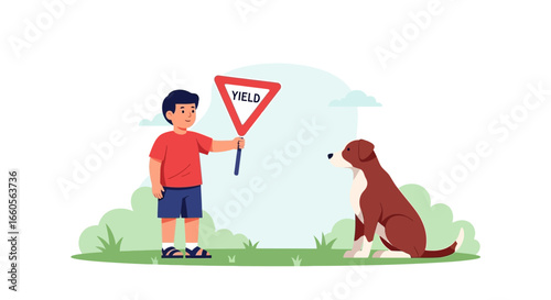 Boy Holding Yield Sign Teaching Dog Discipline In Playful Outdoor Scene