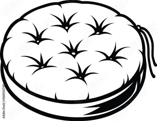 A black and white doodle-style illustration of a round, tufted cushion or pillow with a decorative tie on the side. Ideal for home decor, comfort, or design themes.