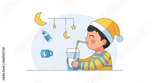 Boy In Pajamas Drinking Milk Before Bedtime Illustration Cartoon Vector