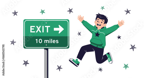 Boy Jumping Happy Near Exit Sign Anticipation of Reaching Destination