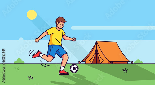 Boy Playing Soccer Near A Tent On Sunny Vacation In Summer Time