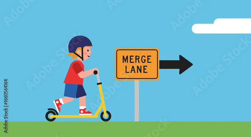 Boy Riding Scooter Past Merge Sign On Sunny Day Illustration Design