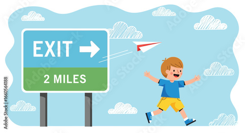 Boy Runs Towards Exit Sign And Flying A Paper Plane With The Blue Sky