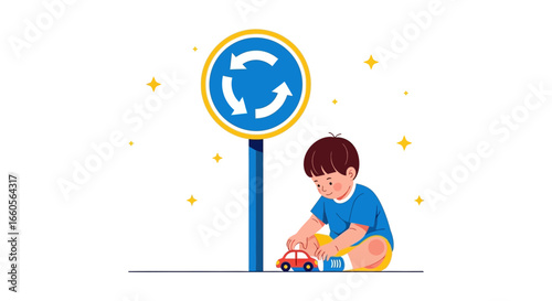 Boy With Toy Car Learning Traffic Rules Near The Roundabout Sign