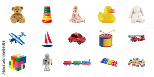 Assorted Children'S Toys Collection. Playful And Educational Toy Set For Kids Isolated On Transparent Background