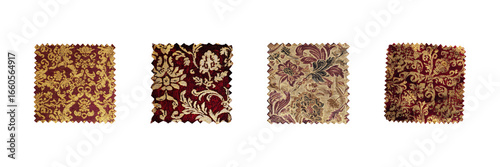 Luxurious Brocade Fabric Swatches Set. Elegant Textile Patterns Collection Isolated On Transparent Background