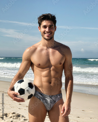 Handsome athletic man holding soccer ball on beach wearing palm print swimsuit