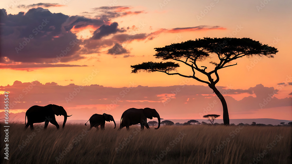 Fotobehang Chocoladebruin Elephants walking across the african savanna at sunset with a silhouette tree #1660565547