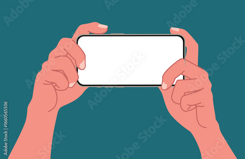 A hand using a smartphone with blank screen isolated on background Flat vector illustration. Taking picture with mobile phone front view.