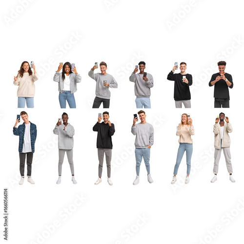 Diverse young people happily holding smartphones, capturing moments, and celebrating modern connection and digital engagement with vibrant energy