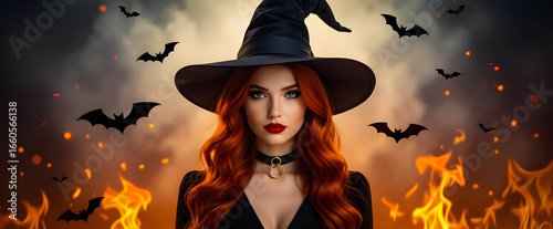 Beautiful Witch in Black Hat with Red Hair, Surrounded by Bats and Halloween Magic Atmosphere – Spooky Fantasy Portrait with Dark Background