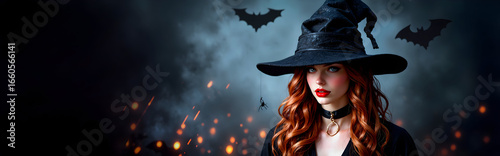 Beautiful Witch in Black Hat with Red Hair, Surrounded by Bats and Halloween Magic Atmosphere – Spooky Fantasy Portrait with Dark Background. Copy Space.