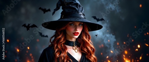 Beautiful Witch in Black Hat with Red Hair, Surrounded by Bats and Halloween Magic Atmosphere – Spooky Fantasy Portrait with Dark Background