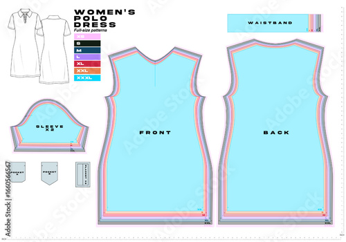Vector sewing pattern of a women’s polo dress, graded from XS to XXXL. Includes front, back, sleeves, waistband, pockets, and placket. Ideal for fashion designers creating modern apparel