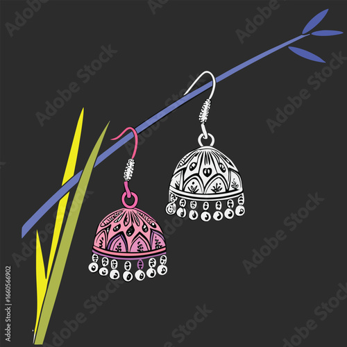 Colorful Indian Jhumka earrings hanging on a branch