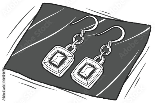 Hand-drawn sketch of square gemstone dangle earrings