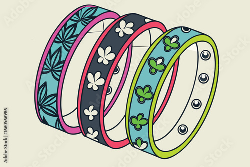 Three Colorful Bangles with Leaf and Flower Patterns