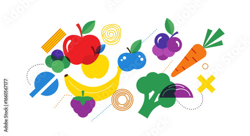 Colorful Fruits and Vegetables Illustration, Healthy Food Concept, Vibrant Graphic Design, Creative Art Environment