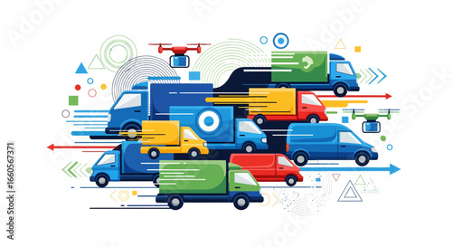 Multiple Delivery Vans in Motion, Urban Environment, Digital Illustration, Modern Transportation Concept