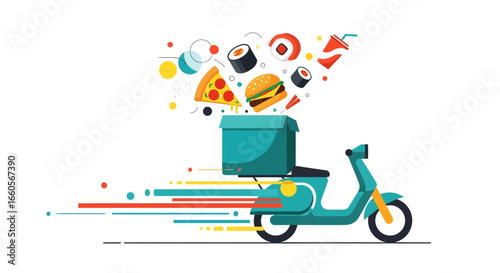 Food Delivery Scooter with Various Dishes, Urban Setting, Digital Illustration, Dynamic Environment, Vibrant Viewpoint