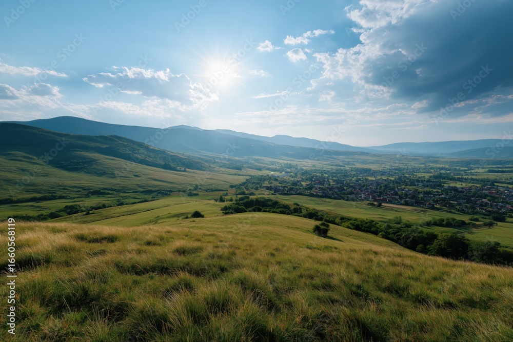 Fototapeta premium Scenic mountain valley with vibrant green hills under a bright sunlit sky