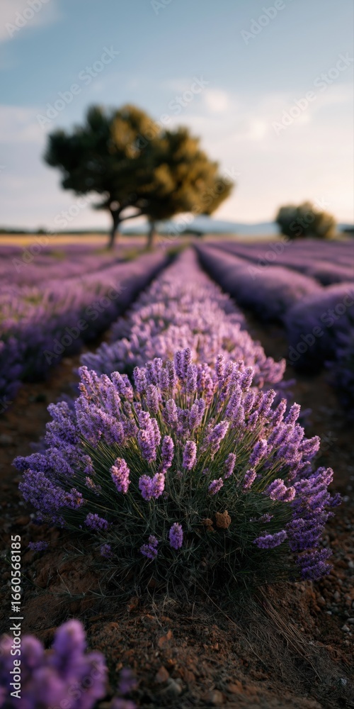 Obraz premium Vibrant lavender field with tree at sunset in provence