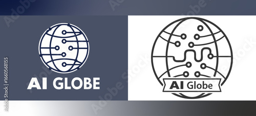 AI Globe illustration with global network, futuristic world map, connected planet, digital communication and artificial intelligence technology