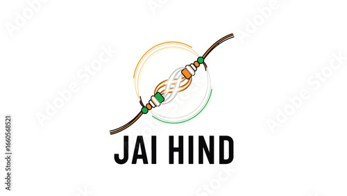 A minimalist and stylish illustration of a rakhi with the patriotic slogan "Jai Hind" at its center. The simple design focuses on the message of national pride combined with the traditional thread of 