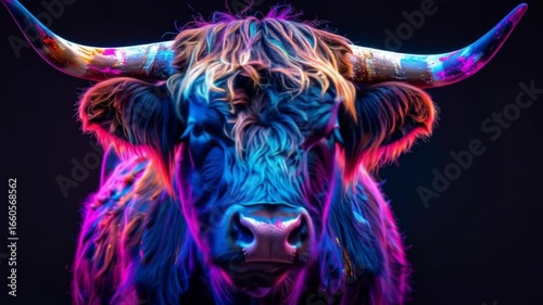 Neon Highland Cow: Vibrant Portrait in Electric Colors