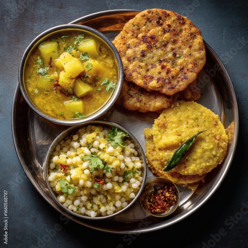 Navratri Vrat Thali with Sabudana Khichdi Aloo Curry and Kuttu Puri Devotional Feast 