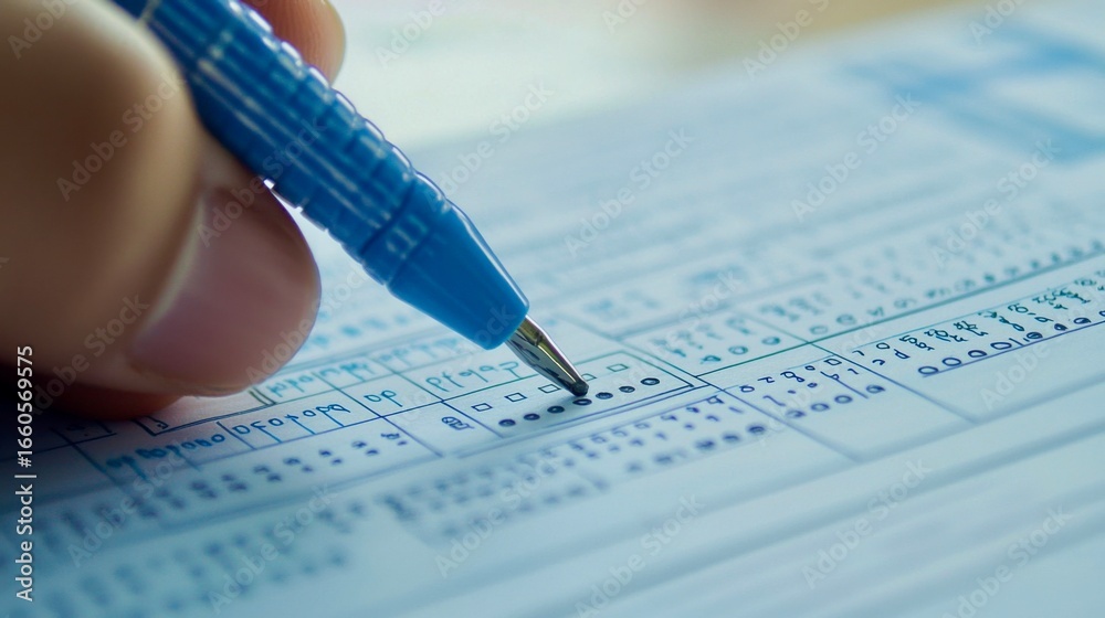 Obraz premium Close-up of pen marking bubbles on a standardized test answer sheet, selective focus on the form and dots—education, assessment, and exam concept.