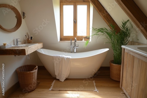 Contemporary Indoor Oasis: Elegant Tub and Sink in Gleaming White Bathroom Corner