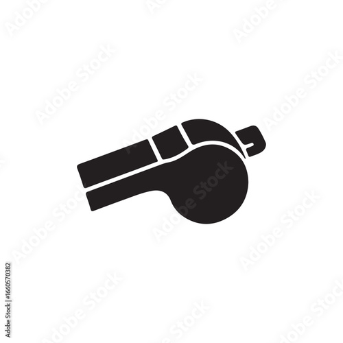 Simple black silhouette of a whistle for sports or officiating.A solid black silhouette of a whistle, suitable for use in sports, officiating, or any activity requiring a signal.