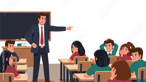 An angry teacher points accusingly at a student in a classroom filled with attentive and somewhat worried young learners.