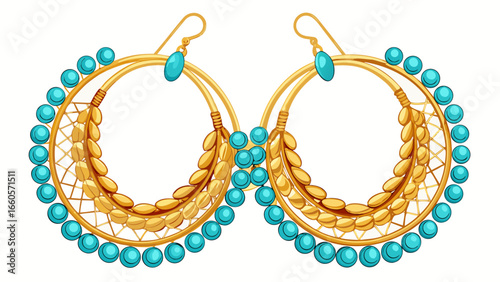 Gold hoop earrings with delicate beaded detailing .white background, 
