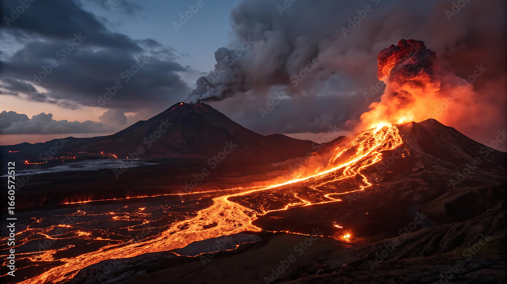 Fototapeta premium Volcanic eruption with lava flow at night in a scenic landscape