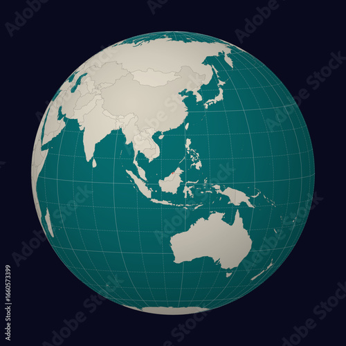 Brunei on the map. Globe centered to Brunei. Country location on the world map. Teal Pale Mint color palette. Globe with countries, meridians and parallels. Alive vector illustration.