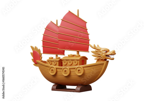 Canvas Print Isolated 3D Model of a Traditional Chinese Junk Boat with Dragon Head