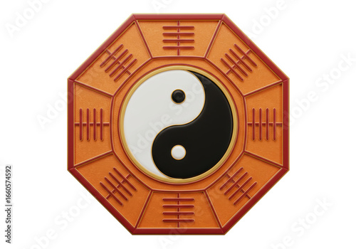 Canvas Print Isolated Wooden Bagua Mirror with Yin Yang Symbol for Feng Shui