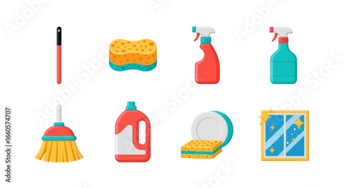 A collection of colorful cartoon icons representing various household cleaning supplies and tools.