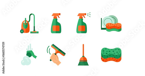 A collection of colorful flat icons representing various cleaning tools and activities on a white background.