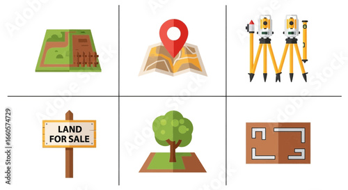 A collection of six flat design icons related to land, real estate, and surveying.