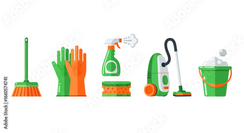 A set of colorful vector icons representing household cleaning supplies like a broom, gloves, spray, sponge, vacuum, and bucket.
