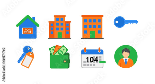 A collection of colorful flat icons representing real estate, property rental, and financial transactions.