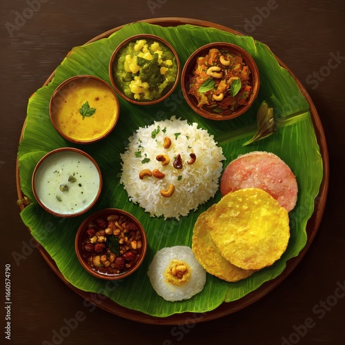 Traditional Onam Sadya Feast on Banana Leaf Kerala Cuisine Top View 