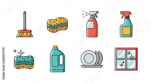 A collection of colorful icons depicting various household cleaning supplies and tools.