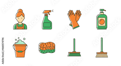 Colorful vector icon set for cleaning services, housekeeping, and janitorial supplies.